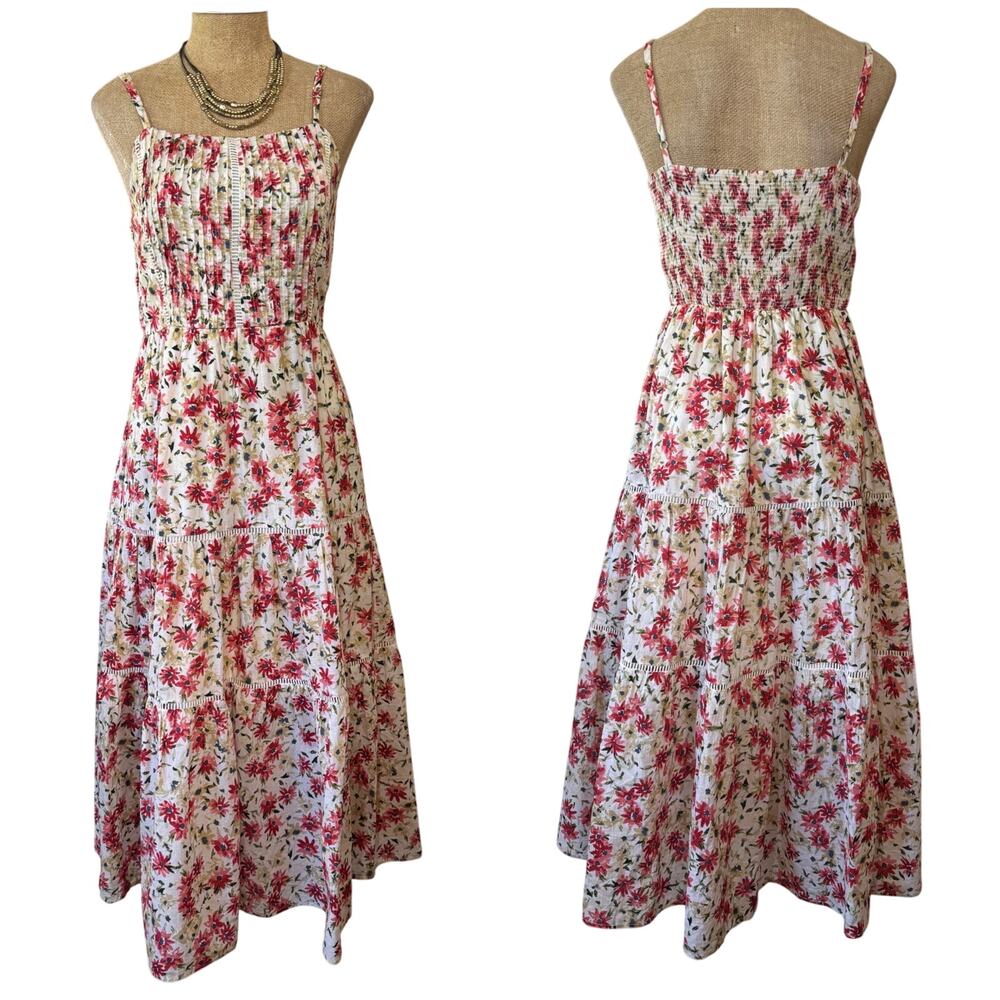 Calista Floral Smocked Maxi Tiered Dress EUC Size Small Boho Festival Beach